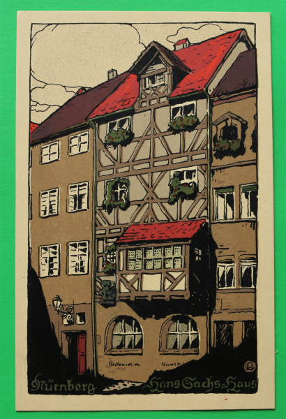 AK Nürnberg / 1910-20 / Litho / Hans Sachs Haus Fachwerkhaus / Künstler Steinzeichnung Stein-Zeichnung / Monogramm L